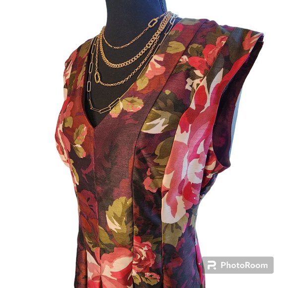Roz&Ali Dresses & Skirts - #002. Burgundy Floral Sleeveless A-Line Midi Dress-Roz&Ali